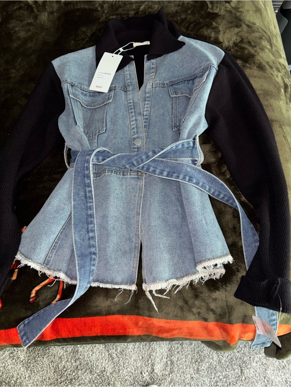 Denim Peplum Belted Jacket with Black Knit Sleeves
